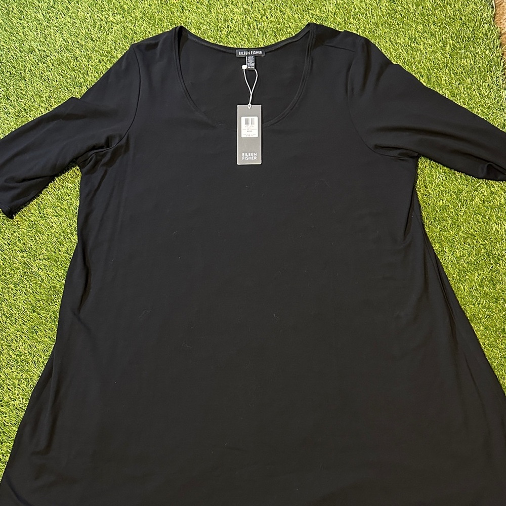 NWT Eileen Fisher Black 3/4 Sleeve Scoop Neck Tunic Top MSRP $138